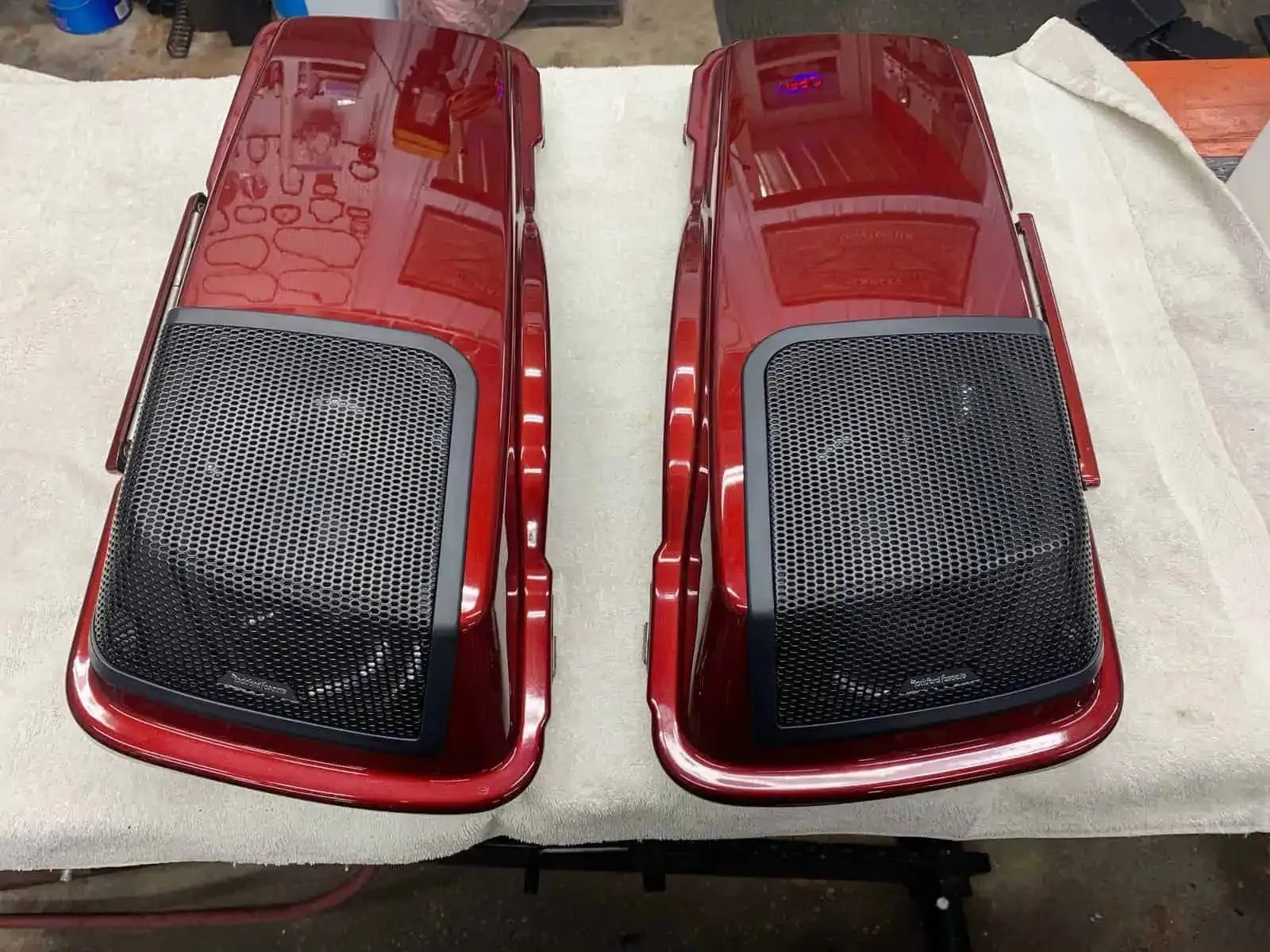 Custom audio speakers installed on a motorcycle